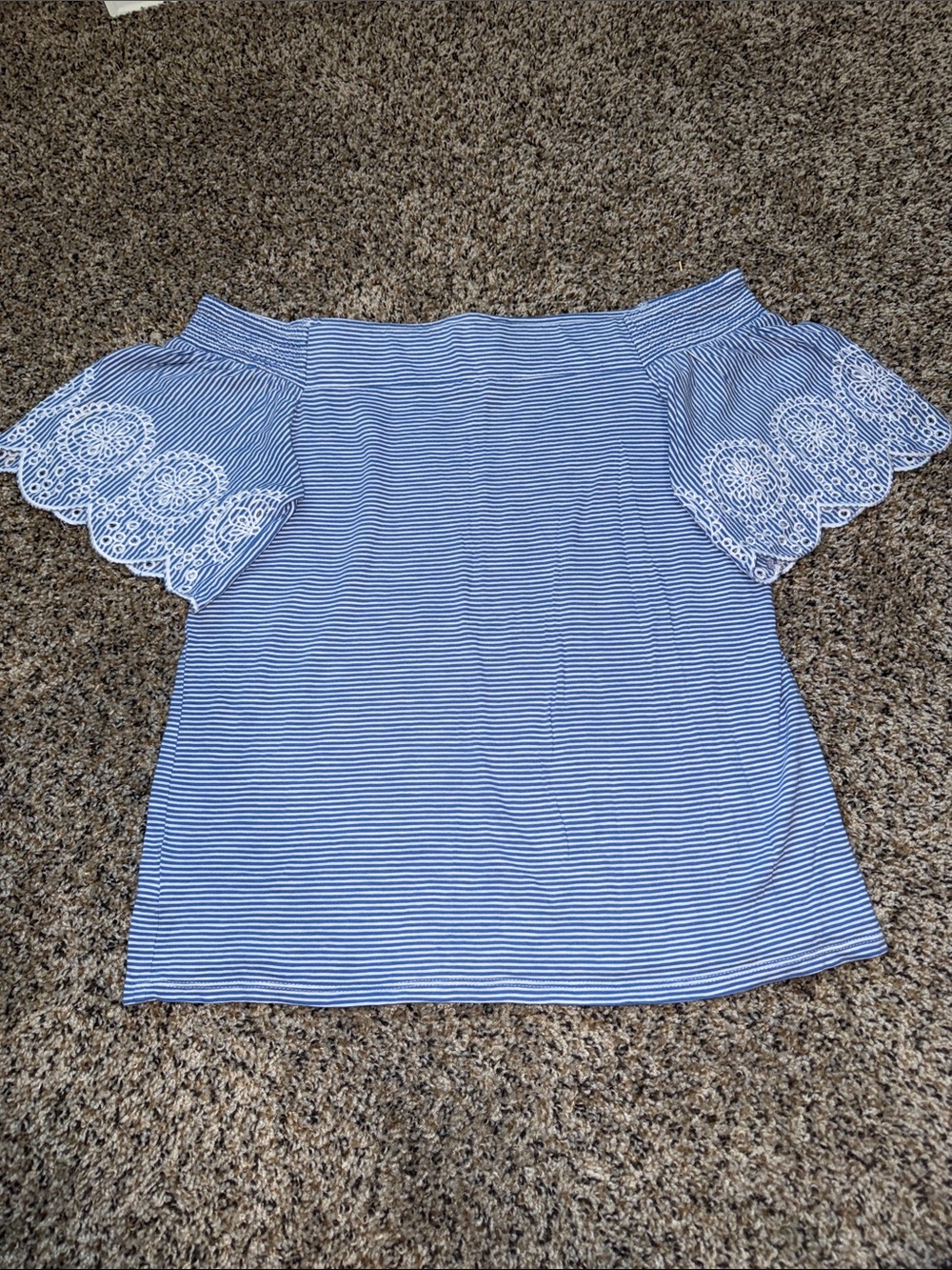 LOFT Blue and White Striped Off-Shoulder Top with Lace Sleeves